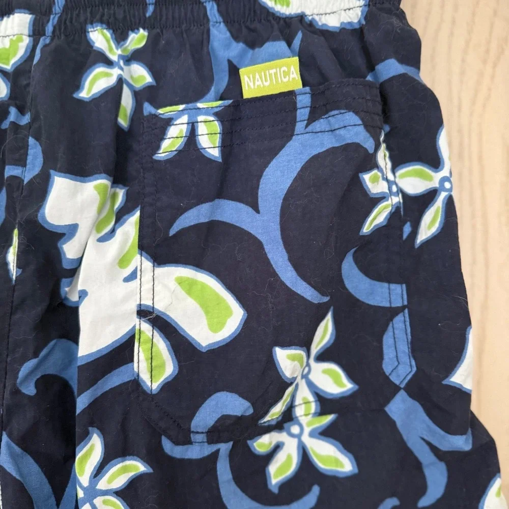 Vintage Y2K Nautica Swim Trunks Mens M Tropical Floral Board Shorts Navy Beach‎